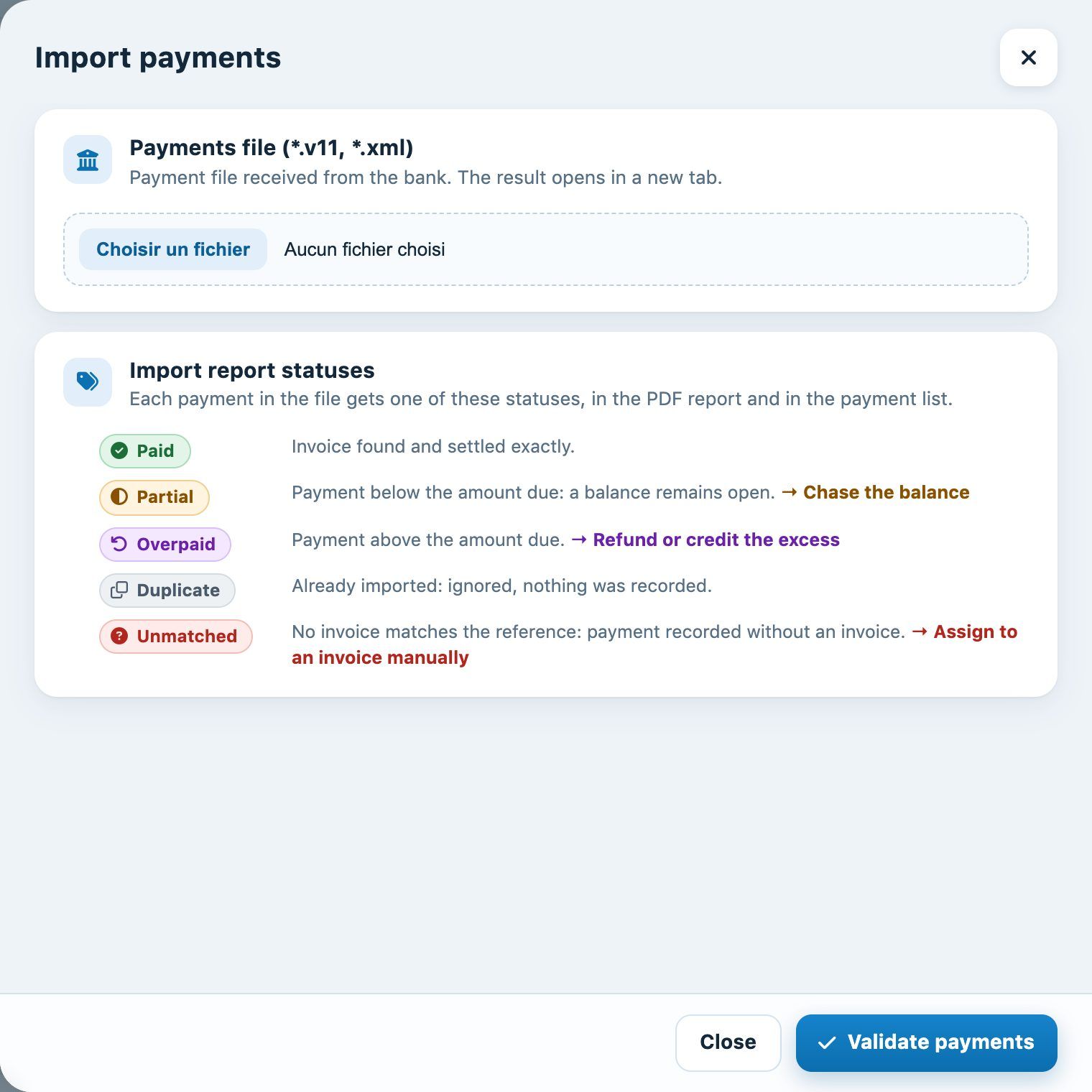 The “Import payments” panel and the status legend