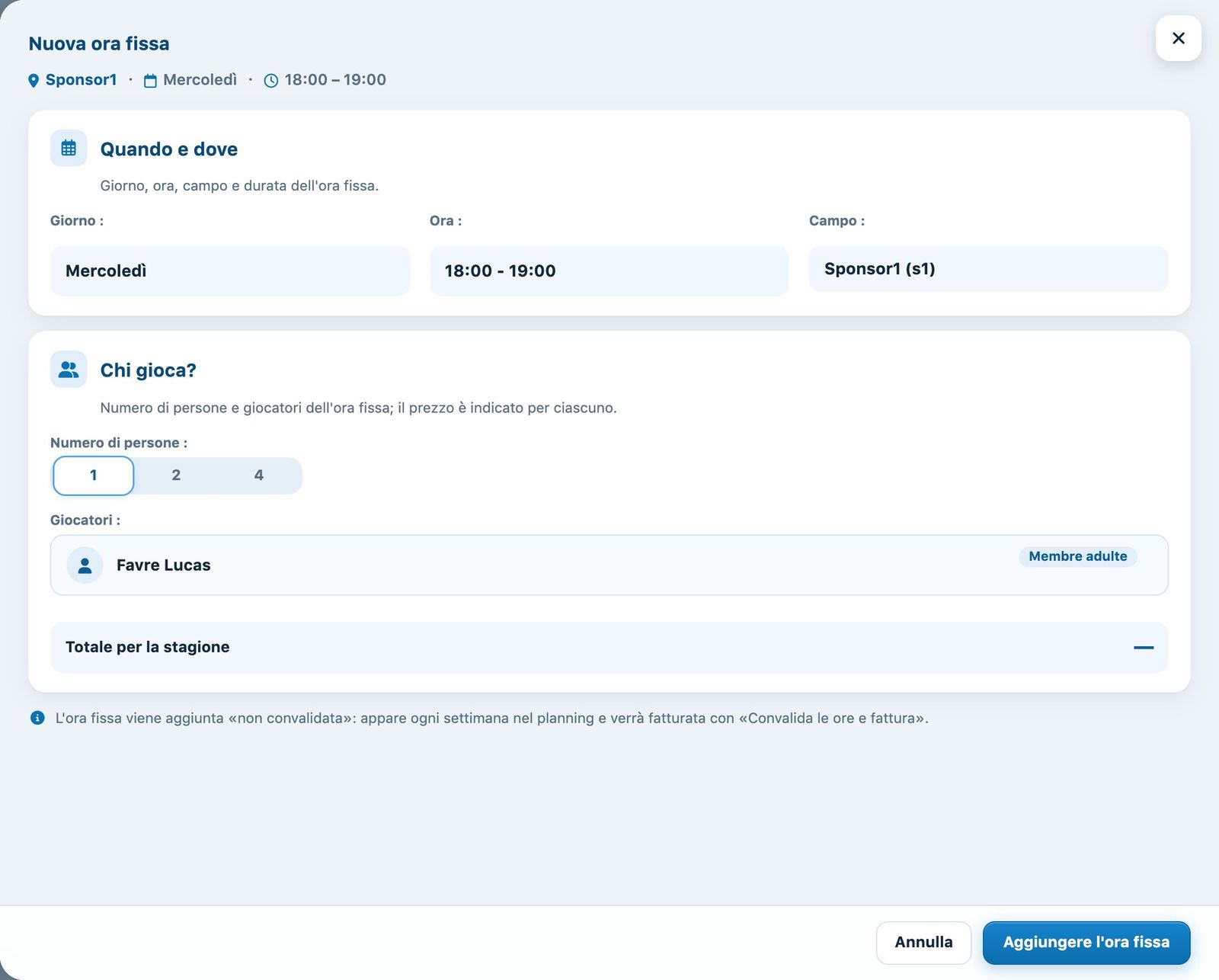 Pannello «Nuova ora fissa»