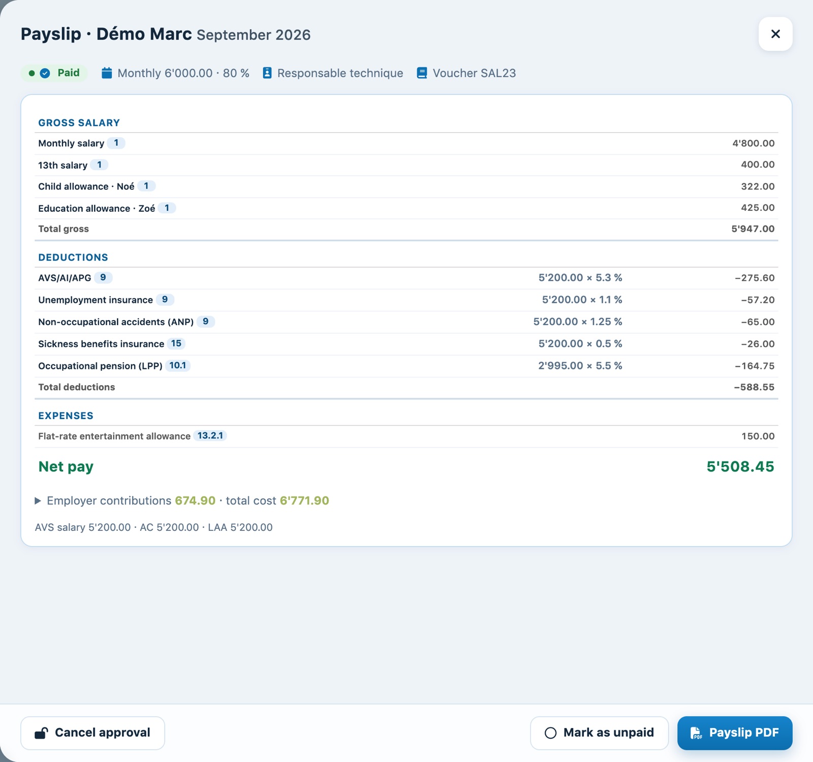 Approved payslip marked as paid manually, with the buttons Cancel approval, Mark as unpaid and Payslip PDF